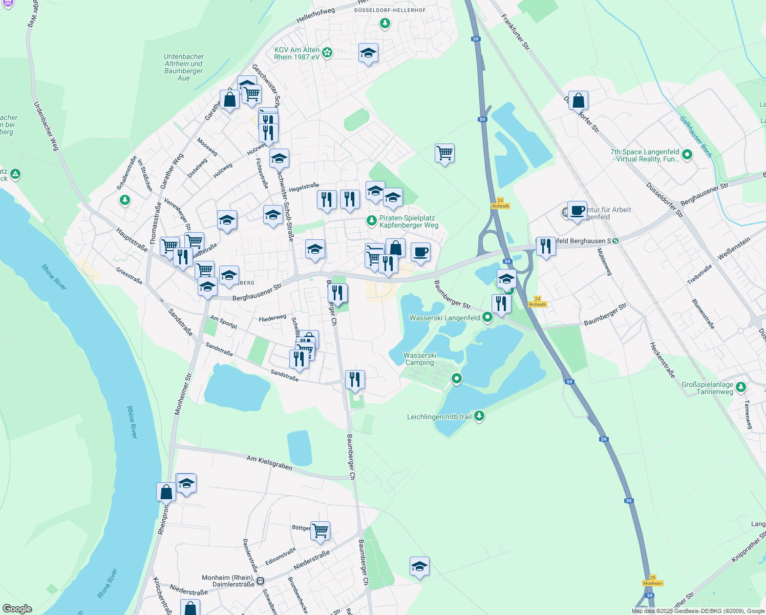 map of restaurants, bars, coffee shops, grocery stores, and more near 1 Ecolab-Allee in Langenfeld (Rheinland)