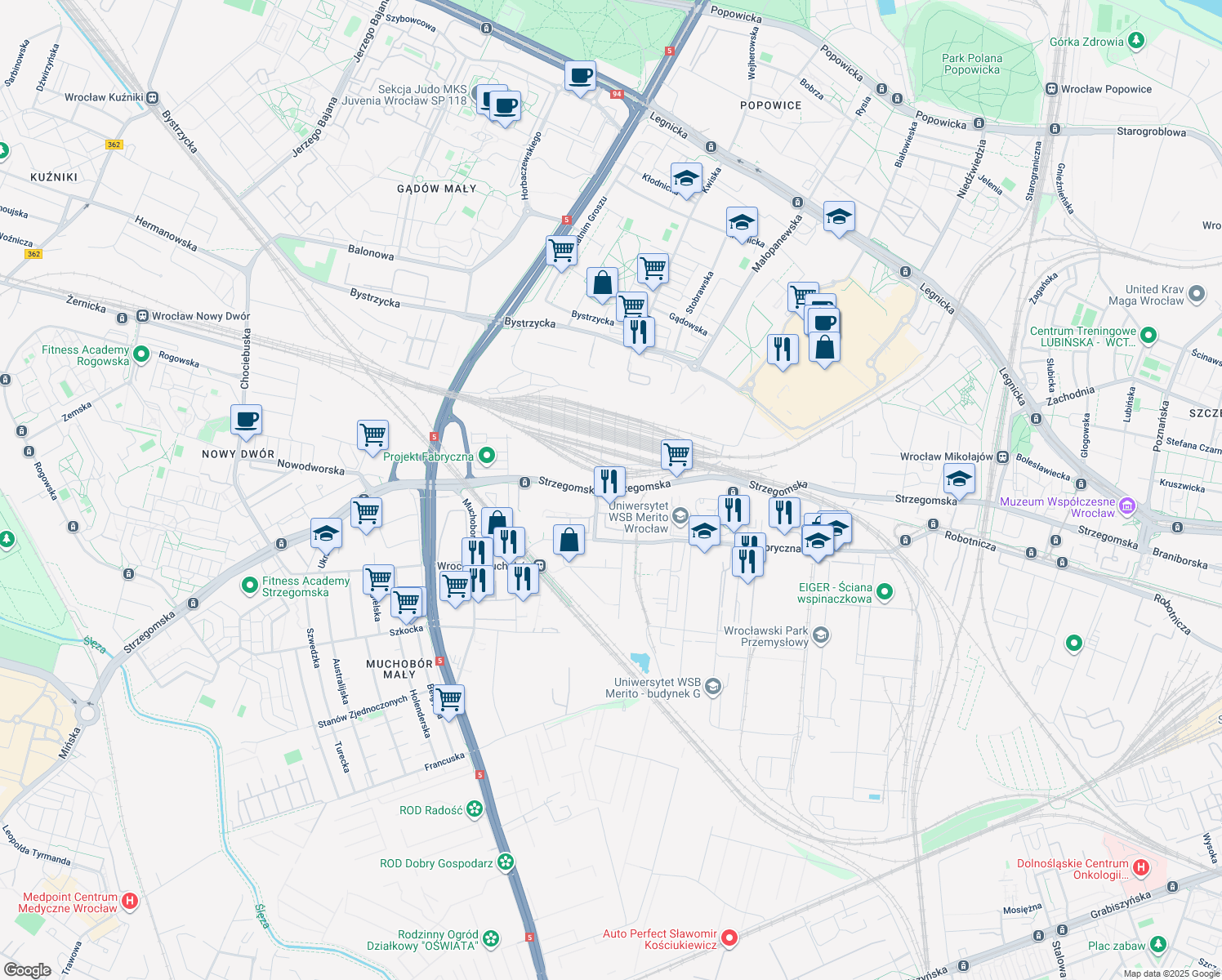 map of restaurants, bars, coffee shops, grocery stores, and more near Strzegomska in Wrocław