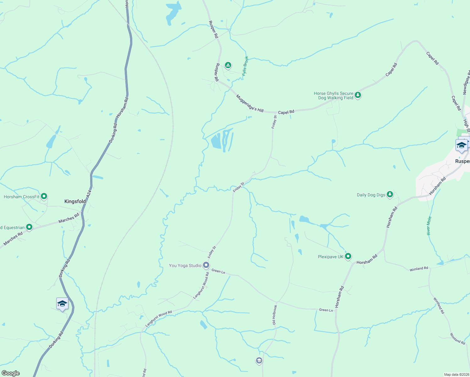 map of restaurants, bars, coffee shops, grocery stores, and more near Friday Street in West Sussex
