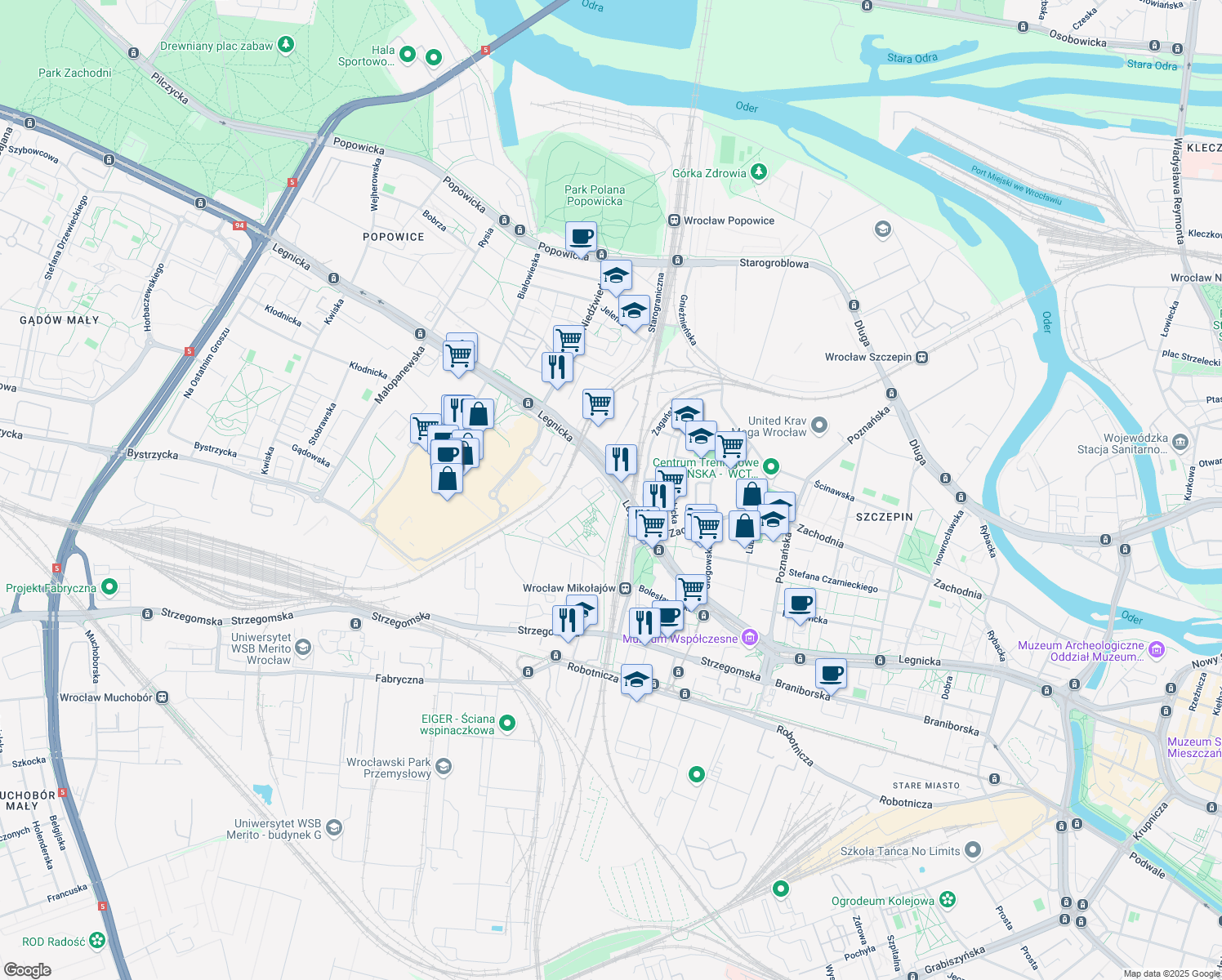 map of restaurants, bars, coffee shops, grocery stores, and more near 48 Legnicka in Wrocław