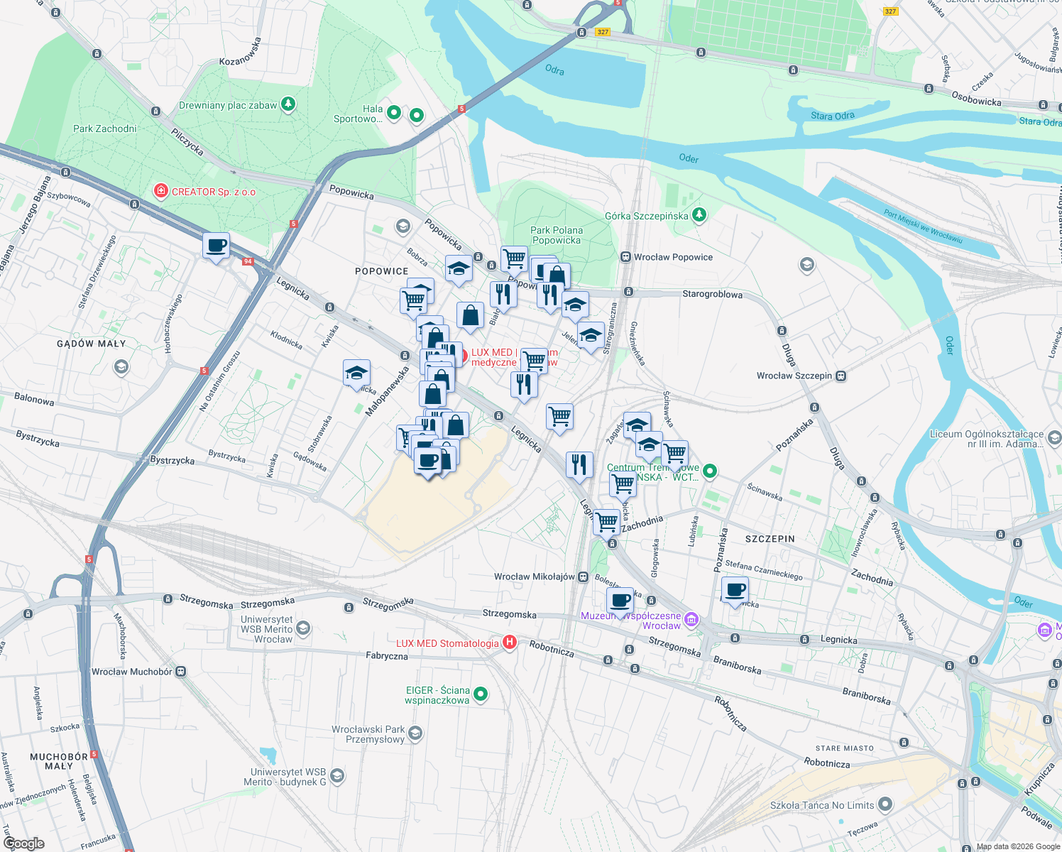 map of restaurants, bars, coffee shops, grocery stores, and more near 47 Legnicka in Wrocław