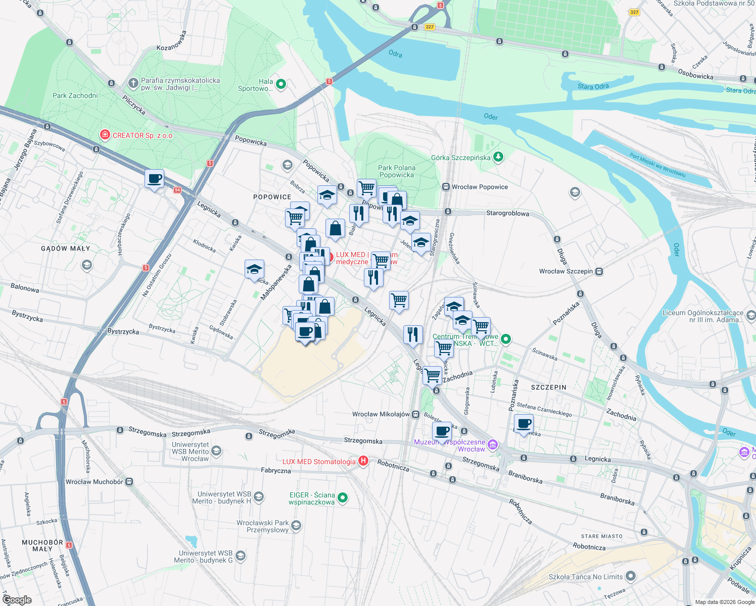 map of restaurants, bars, coffee shops, grocery stores, and more near 47 Legnicka in Wrocław