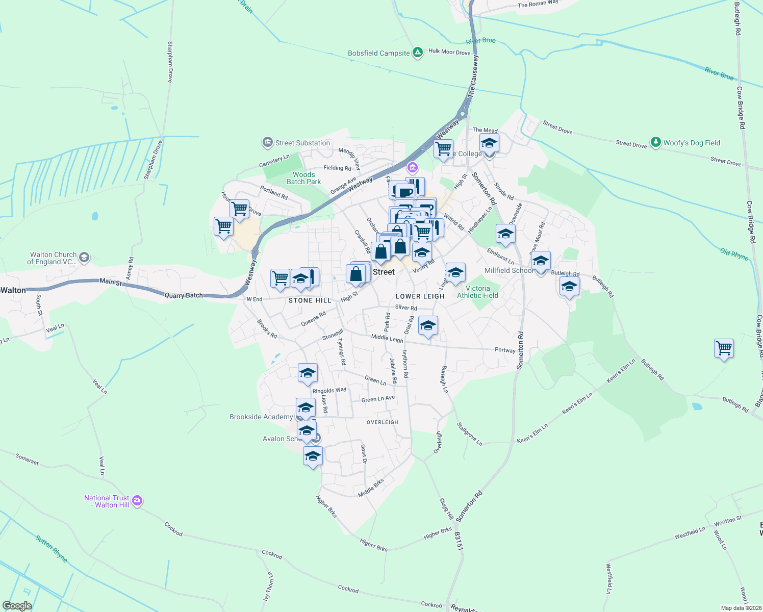 map of restaurants, bars, coffee shops, grocery stores, and more near in Street