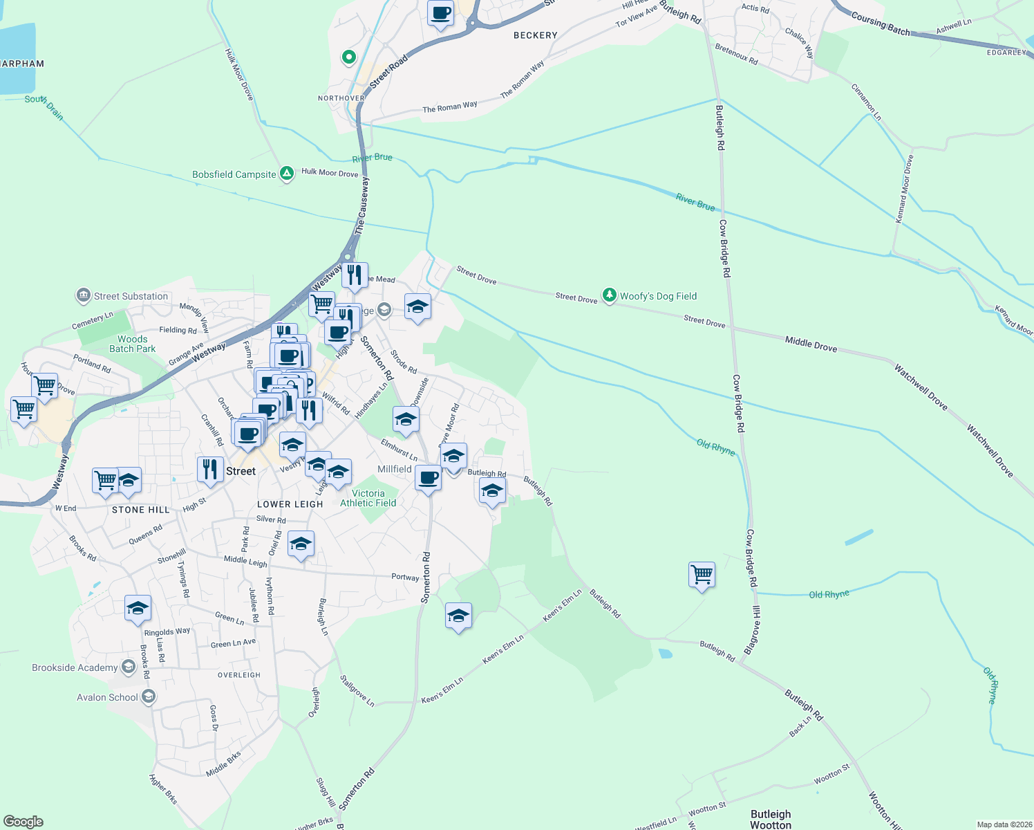 map of restaurants, bars, coffee shops, grocery stores, and more near in Street