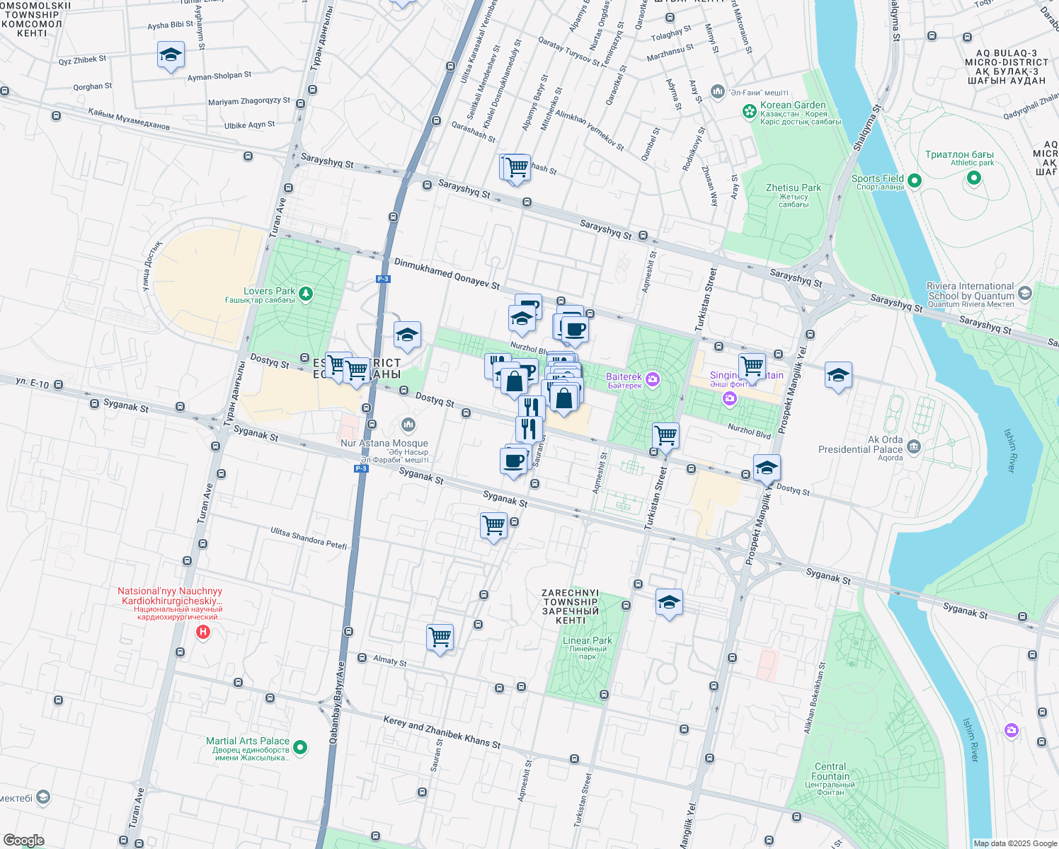 map of restaurants, bars, coffee shops, grocery stores, and more near in Nur-Sultan