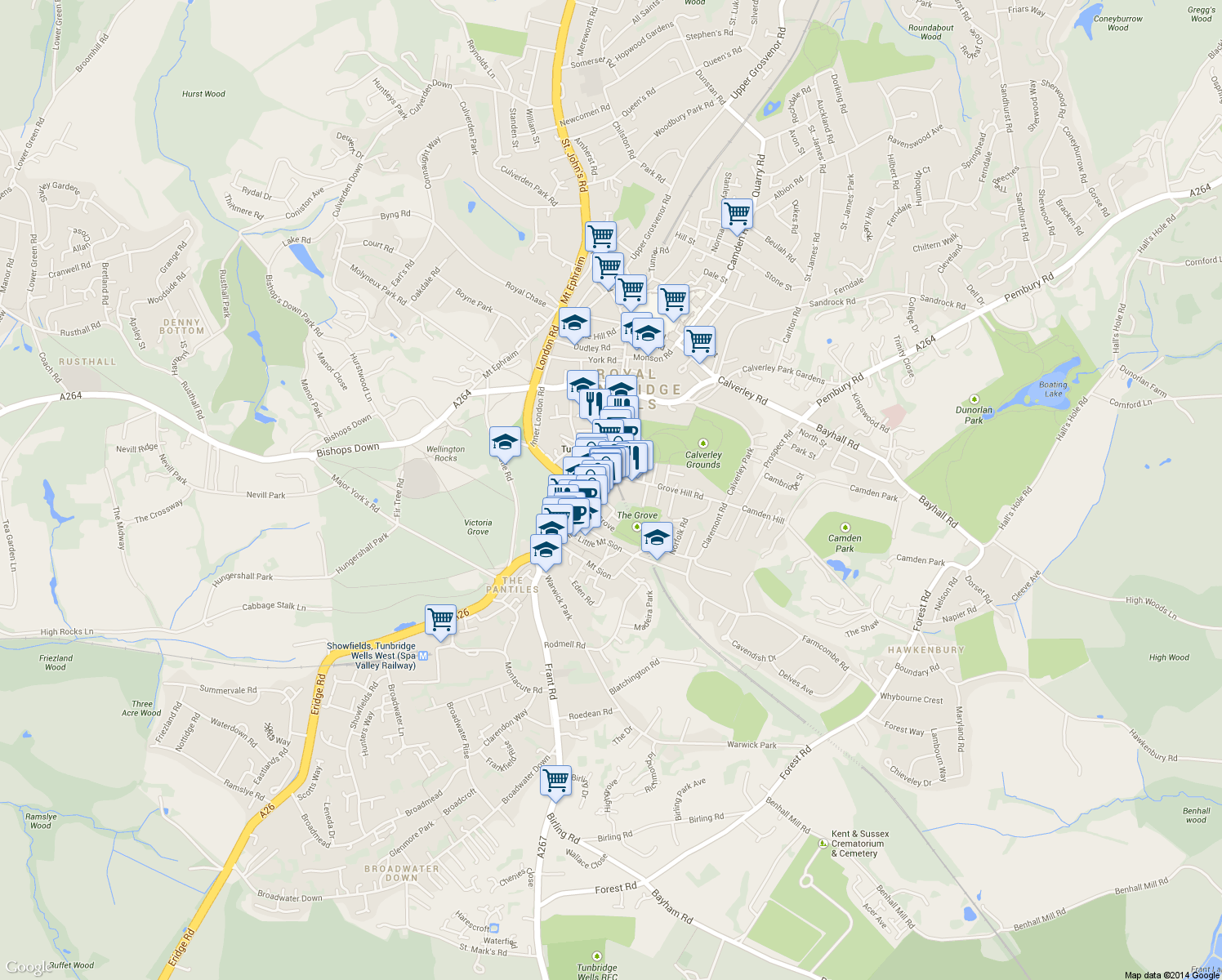 map of restaurants, bars, coffee shops, grocery stores, and more near  in Royal Tunbridge Wells