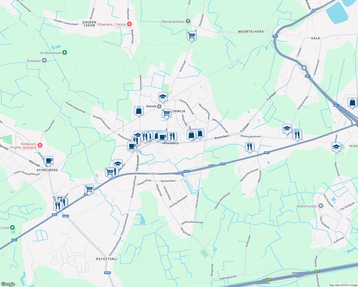 map of restaurants, bars, coffee shops, grocery stores, and more near 64 Belseledorp in Sint-Niklaas