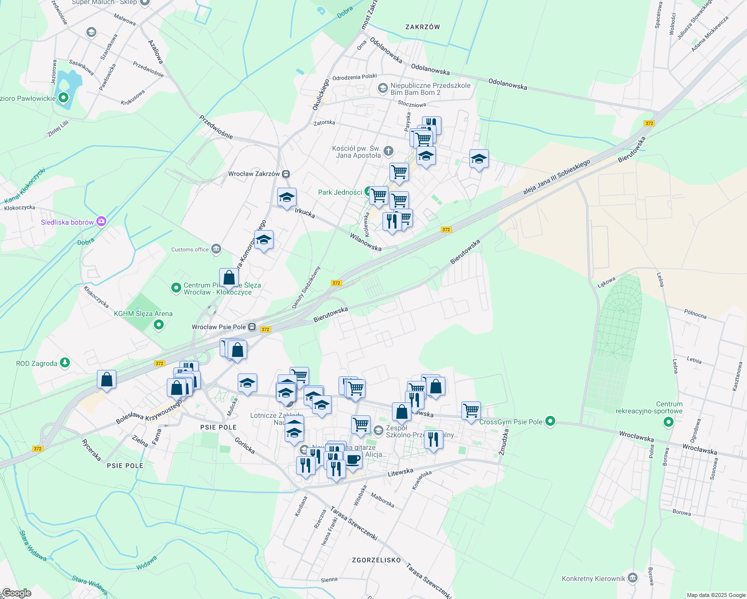 map of restaurants, bars, coffee shops, grocery stores, and more near 44 Bierutowska in Wrocław