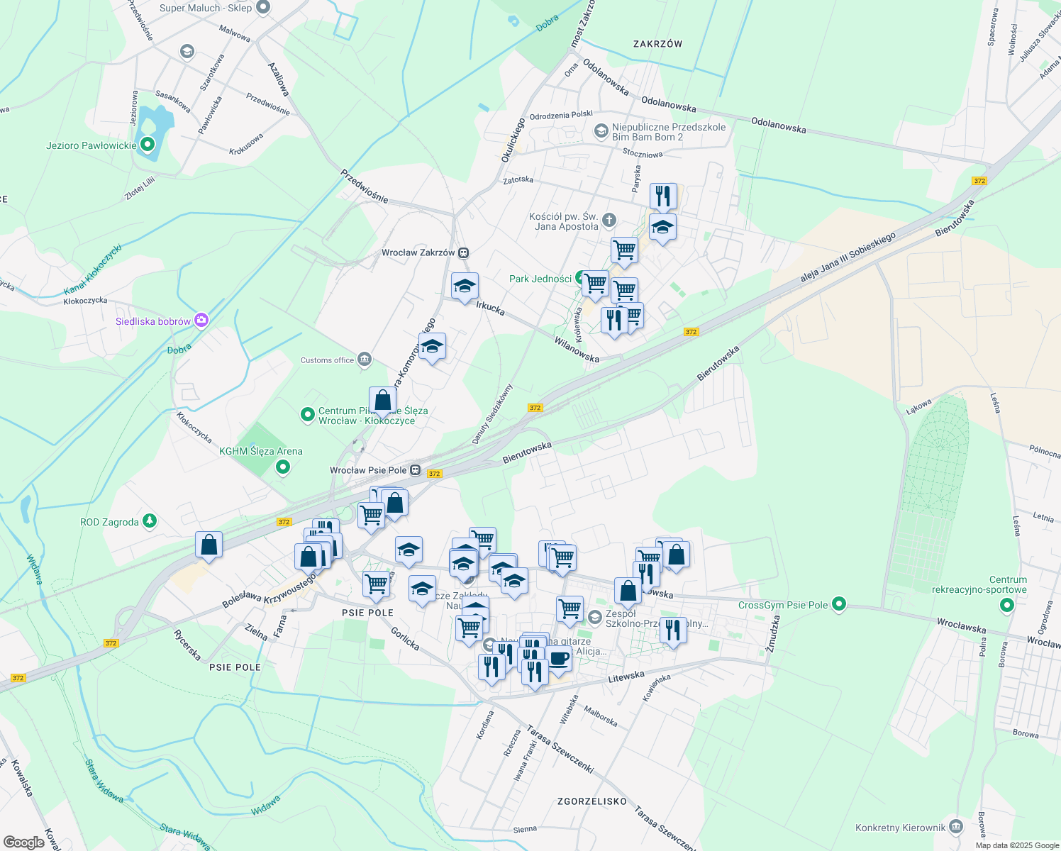 map of restaurants, bars, coffee shops, grocery stores, and more near 44 Bierutowska in Wrocław