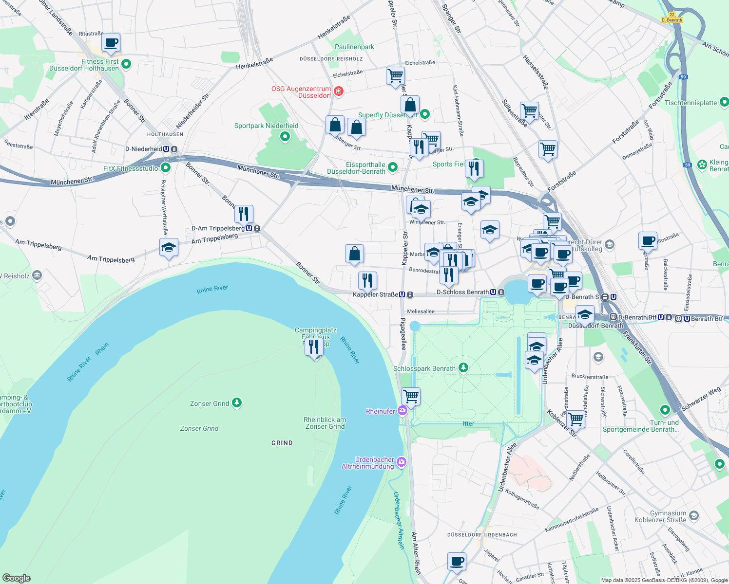 map of restaurants, bars, coffee shops, grocery stores, and more near 19 Benrather Schloßallee in Düsseldorf