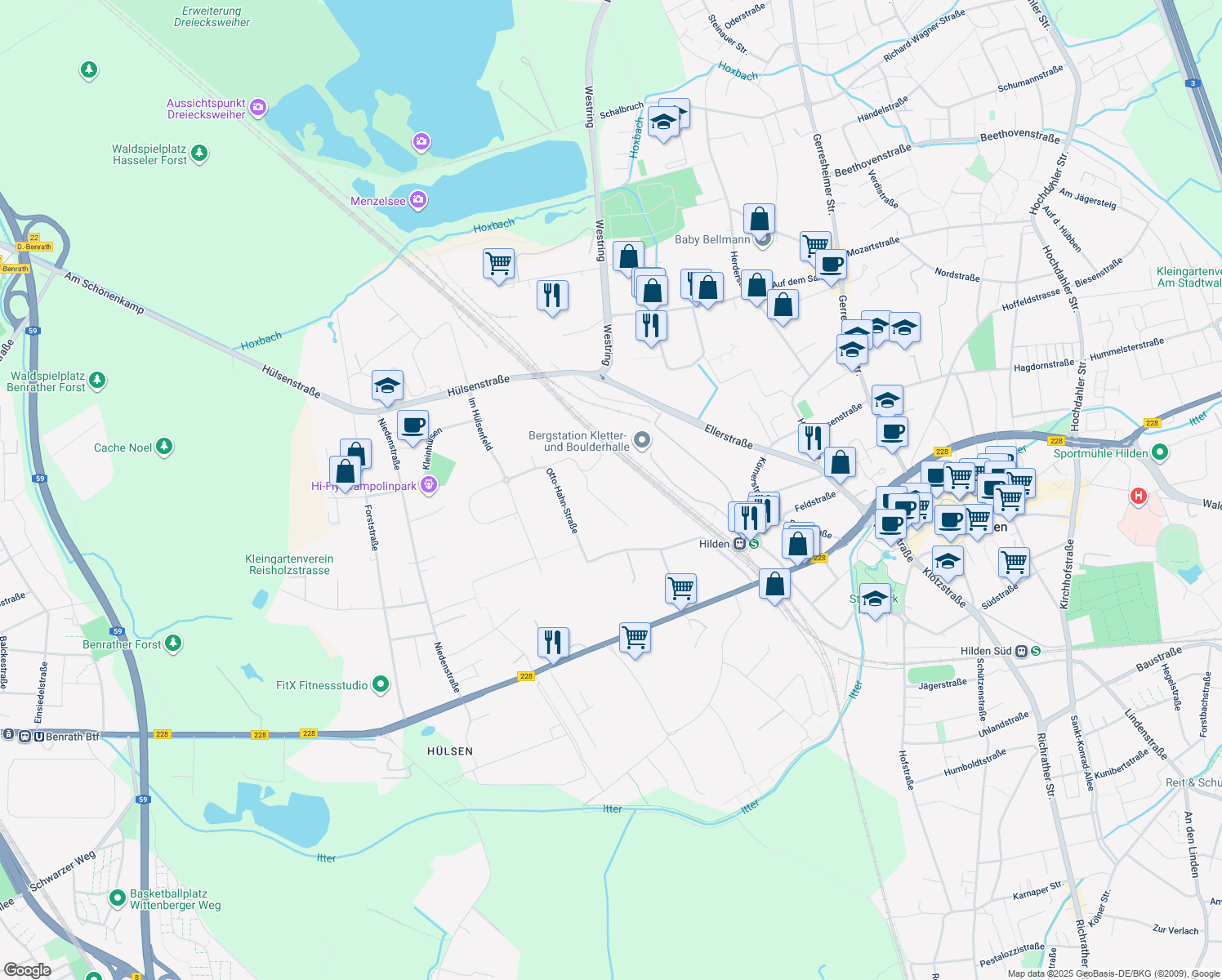 map of restaurants, bars, coffee shops, grocery stores, and more near in Hilden