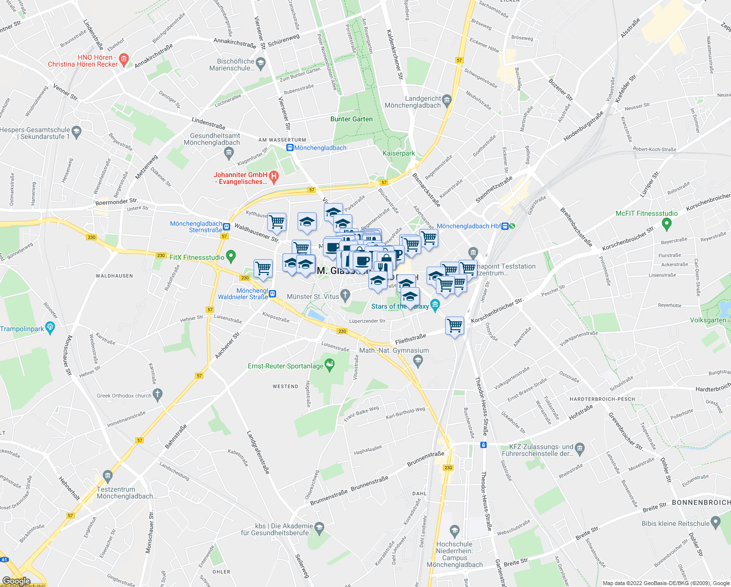 map of restaurants, bars, coffee shops, grocery stores, and more near 27 Abteistraße in Mönchengladbach