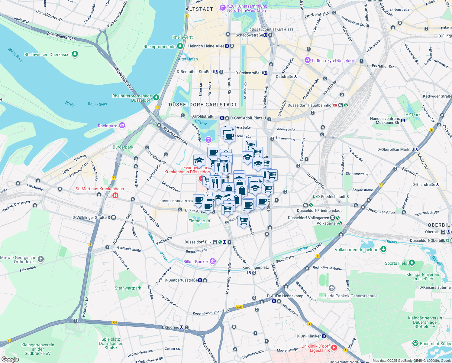 map of restaurants, bars, coffee shops, grocery stores, and more near 56 Friedrichstraße in Dusseldorf