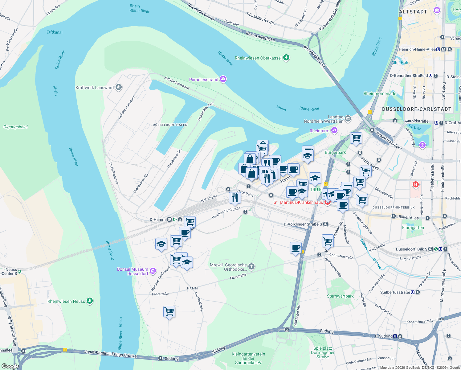 map of restaurants, bars, coffee shops, grocery stores, and more near 5-7 Kesselstraße in Düsseldorf