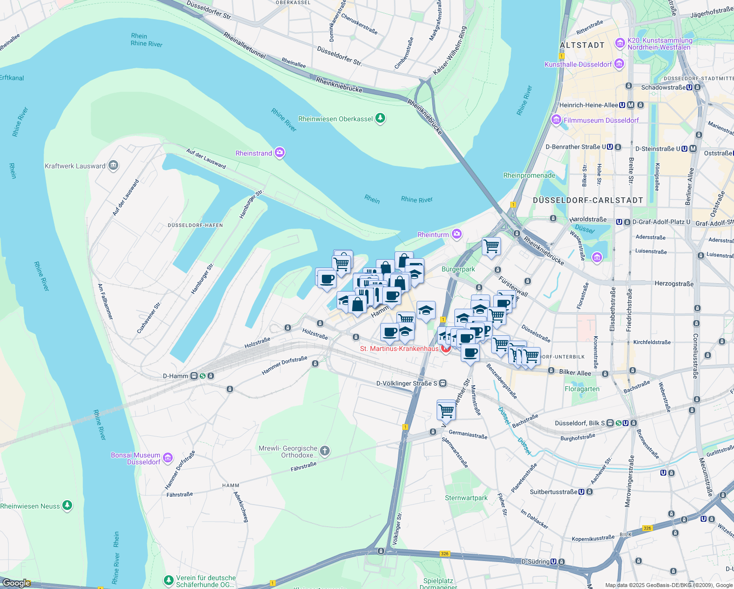 map of restaurants, bars, coffee shops, grocery stores, and more near 21 Am Handelshafen in Düsseldorf