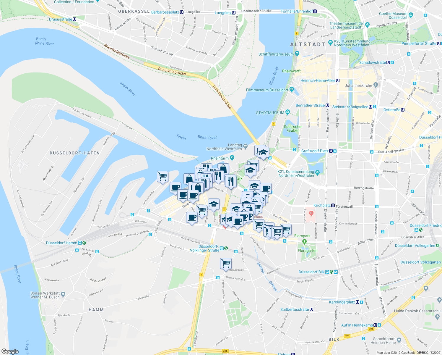 map of restaurants, bars, coffee shops, grocery stores, and more near Stromstraße in Dusseldorf