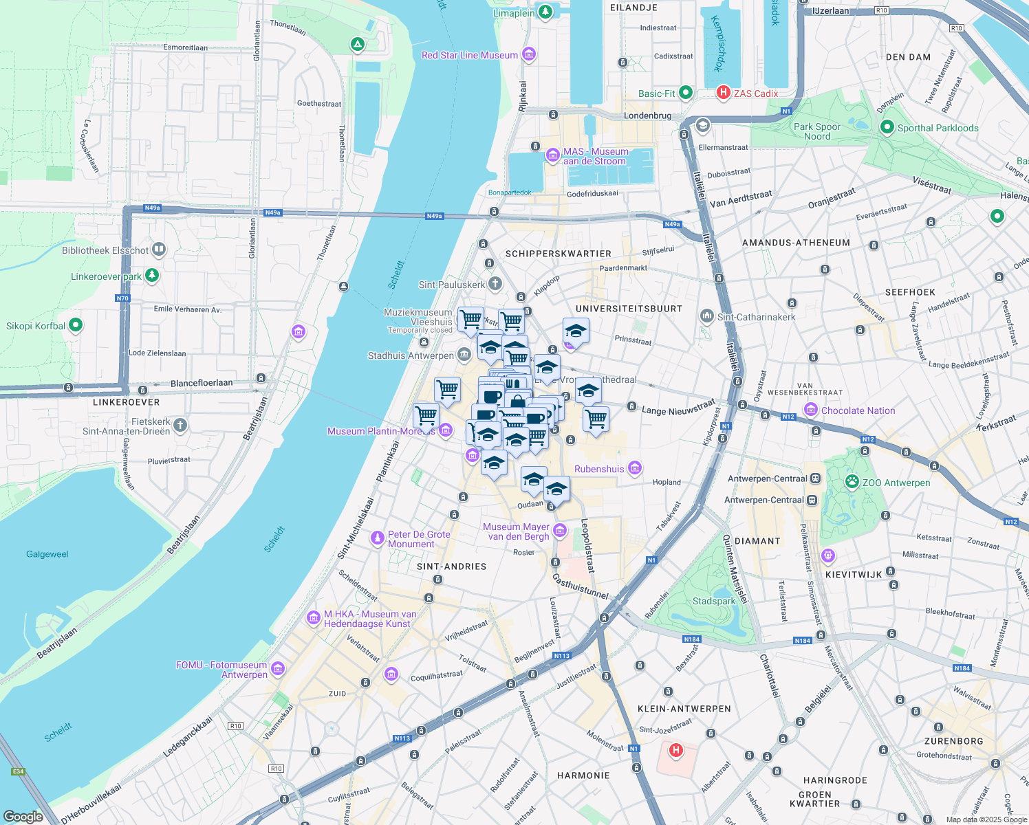 map of restaurants, bars, coffee shops, grocery stores, and more near in Antwerp