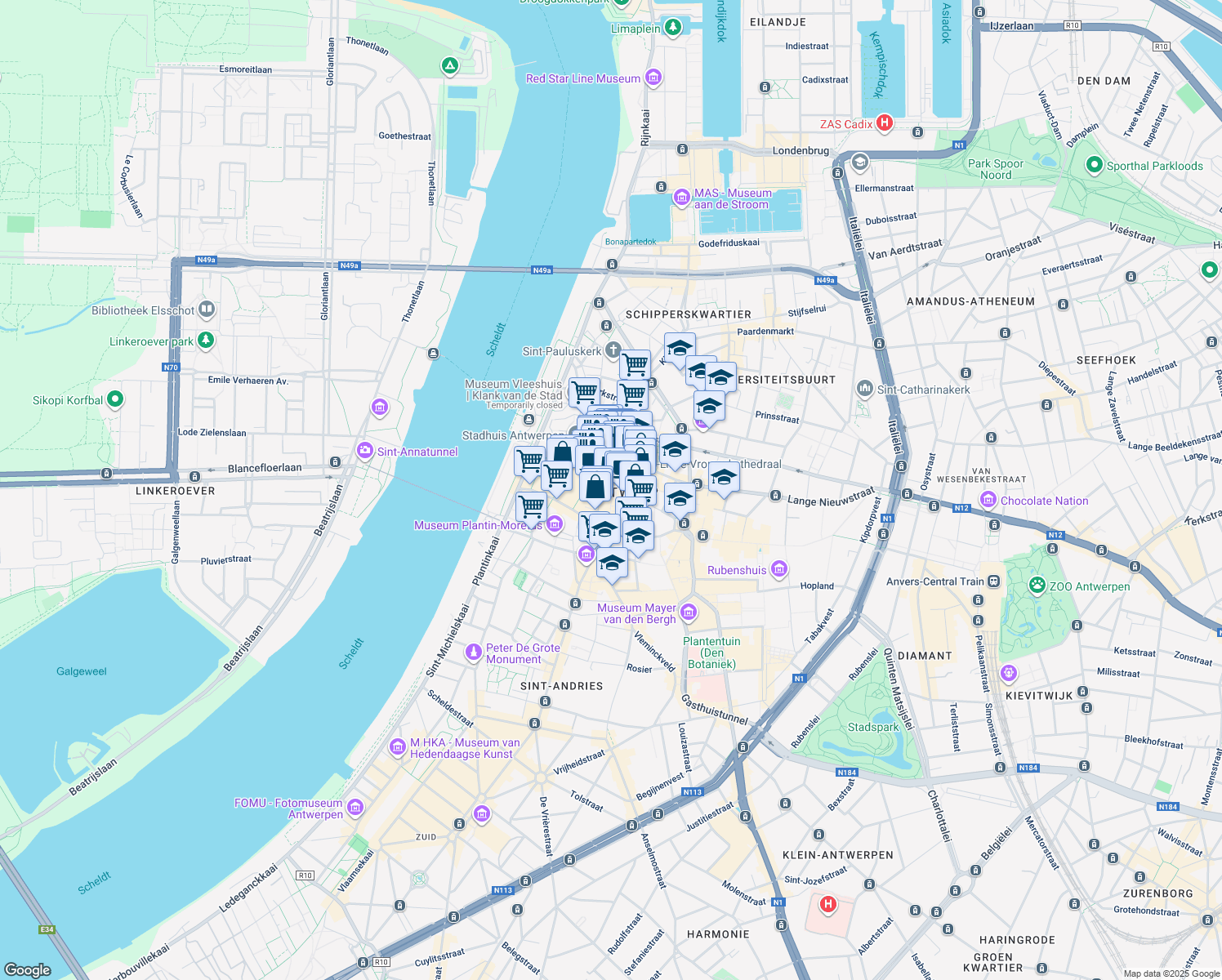 map of restaurants, bars, coffee shops, grocery stores, and more near in Antwerp