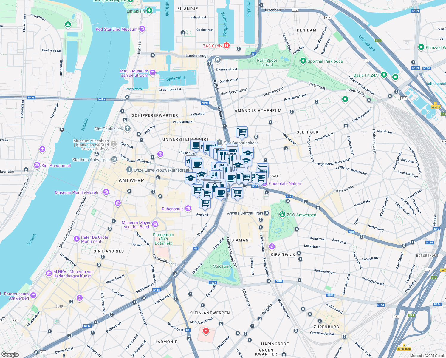 map of restaurants, bars, coffee shops, grocery stores, and more near in Antwerp