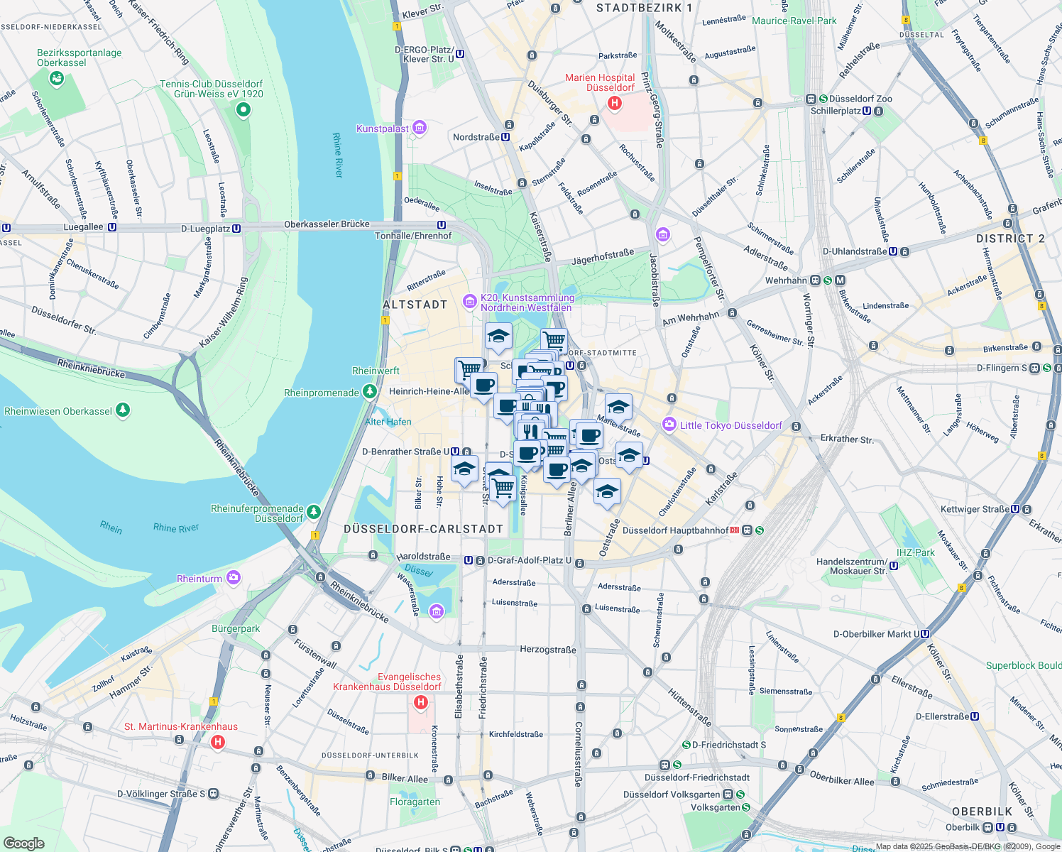 map of restaurants, bars, coffee shops, grocery stores, and more near 36 Königsallee in Düsseldorf
