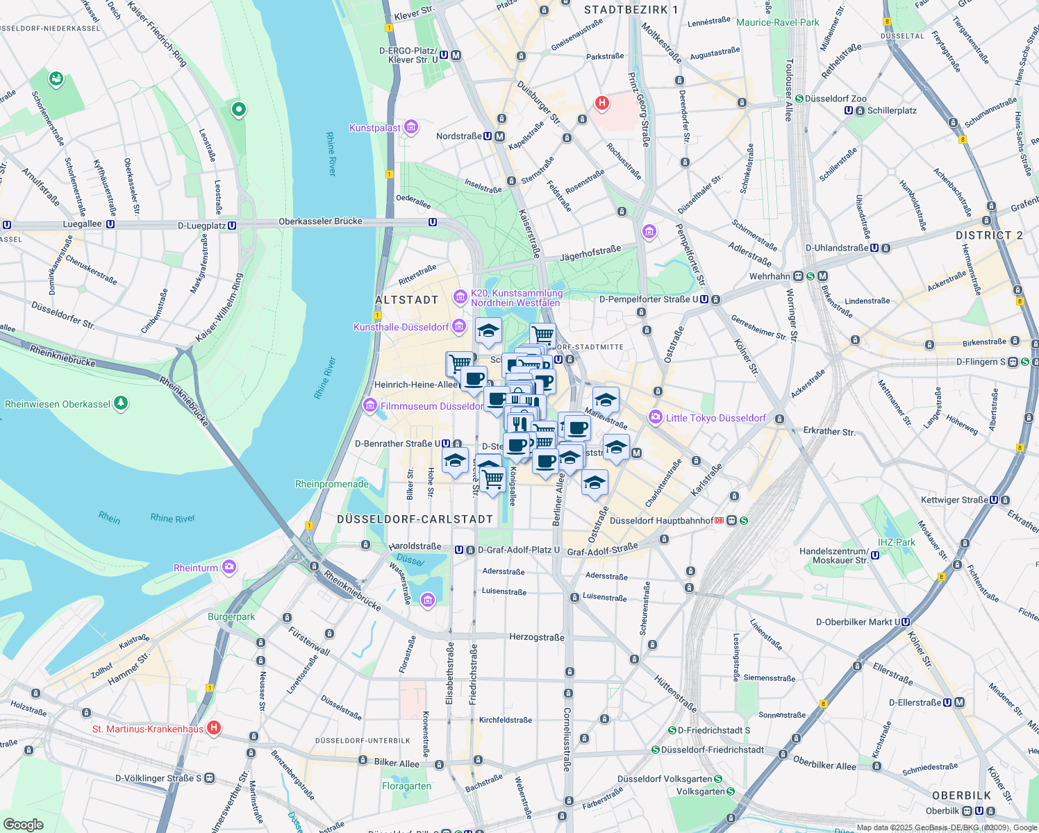 map of restaurants, bars, coffee shops, grocery stores, and more near 36 Königsallee in Dusseldorf