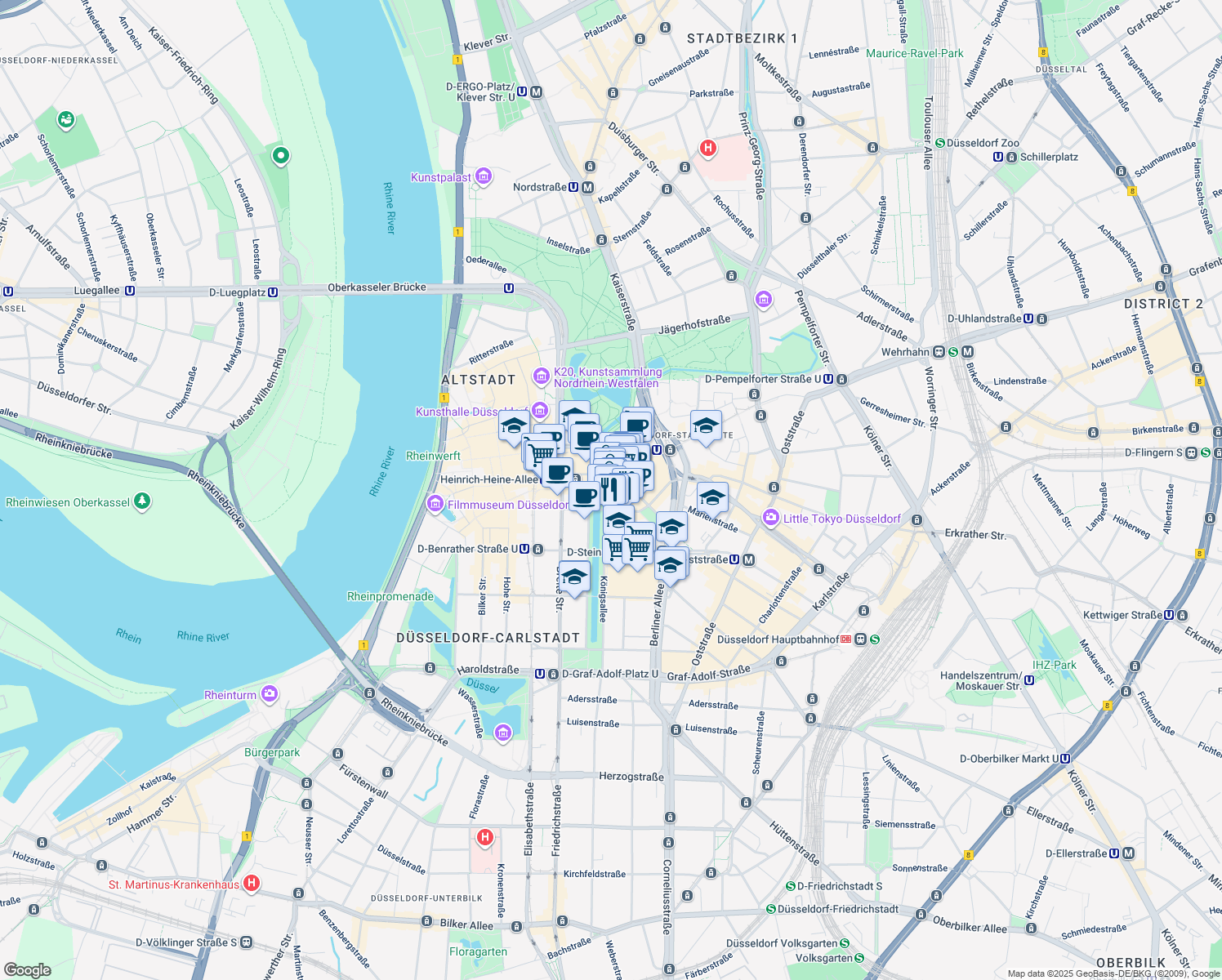 map of restaurants, bars, coffee shops, grocery stores, and more near 22 Königsallee in Dusseldorf