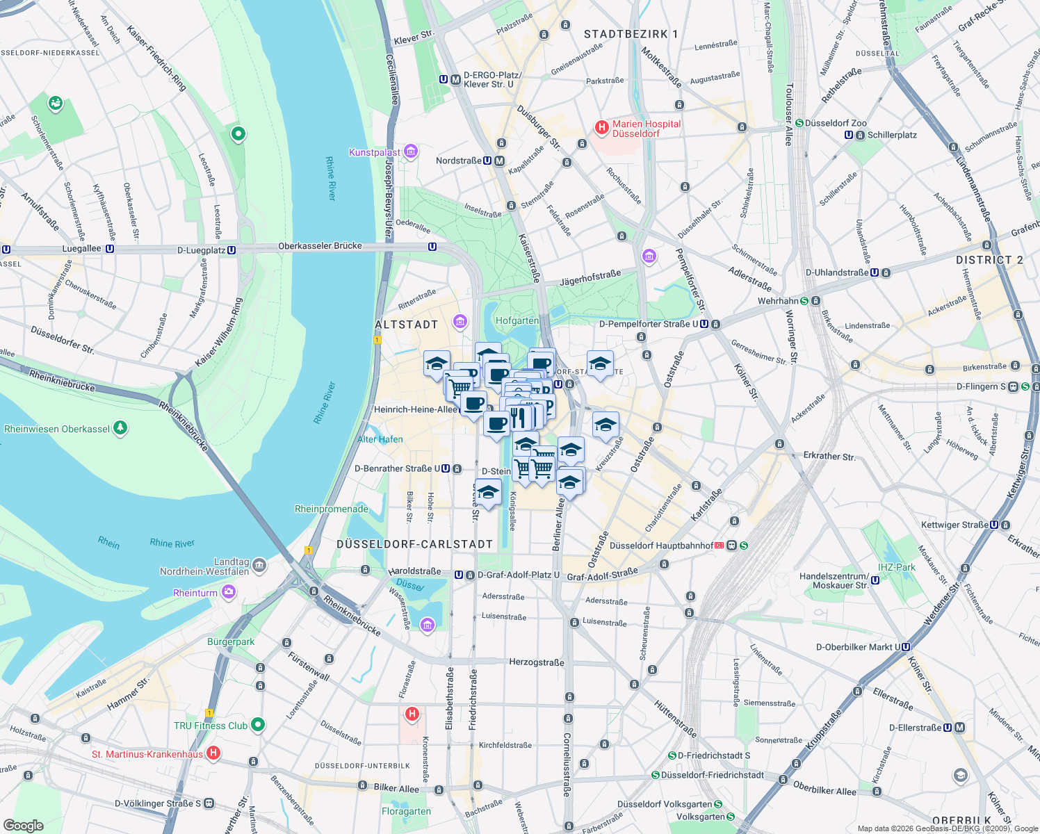 map of restaurants, bars, coffee shops, grocery stores, and more near 22 Königsallee in Dusseldorf