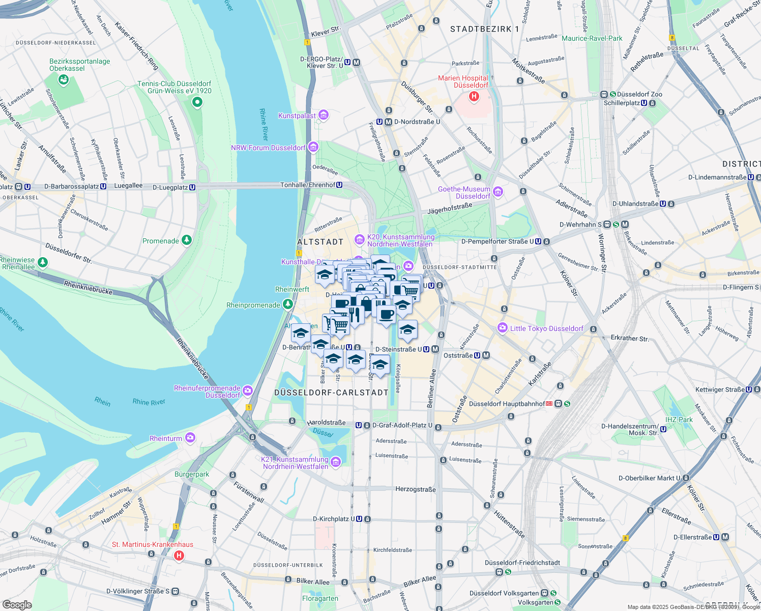 map of restaurants, bars, coffee shops, grocery stores, and more near 11 Königsallee in Dusseldorf