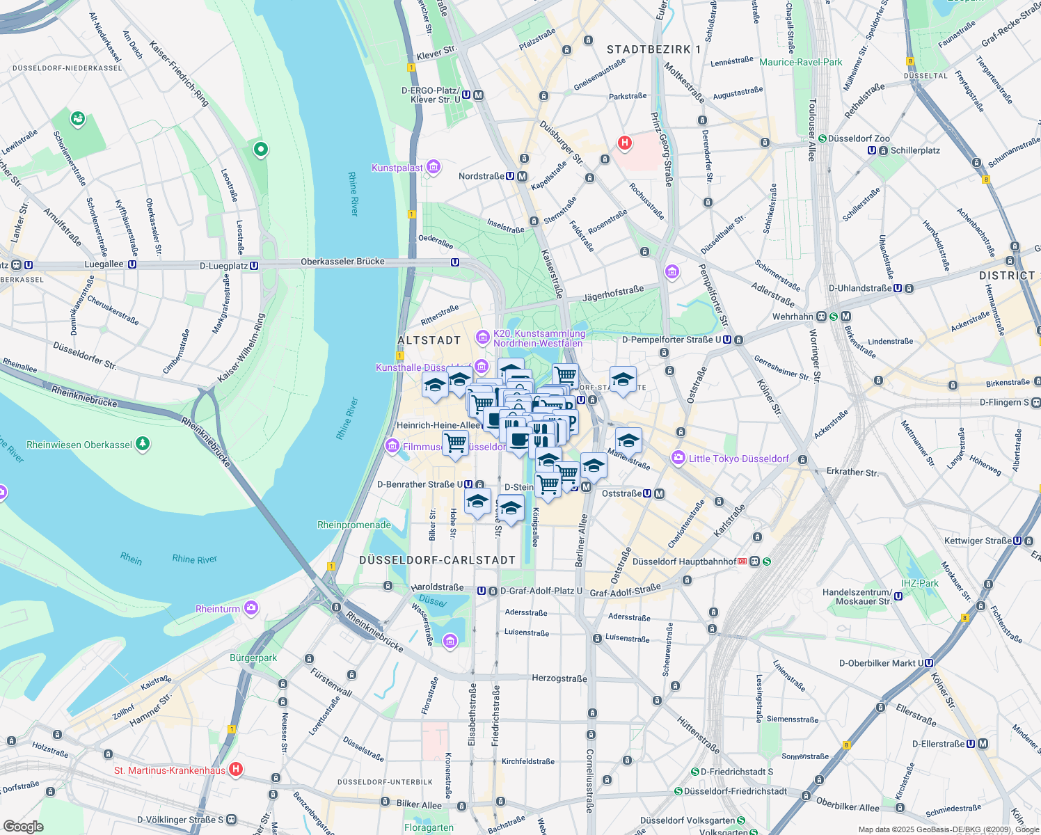 map of restaurants, bars, coffee shops, grocery stores, and more near 11 Königsallee in Dusseldorf