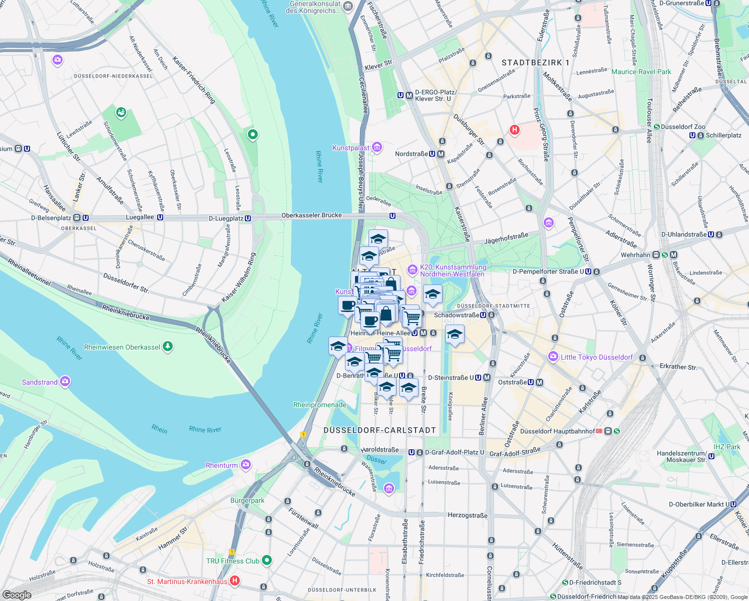 map of restaurants, bars, coffee shops, grocery stores, and more near 5 Mühlenstraße in Düsseldorf