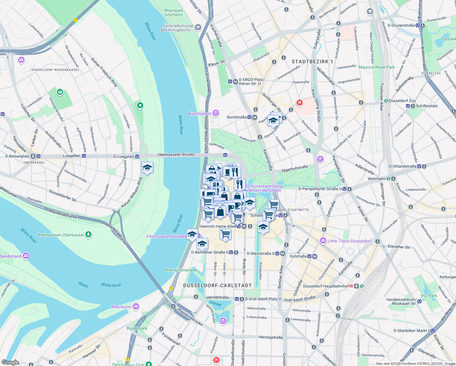 map of restaurants, bars, coffee shops, grocery stores, and more near 1 Neubrückstraße in Düsseldorf