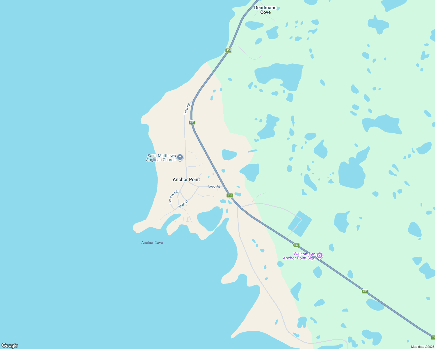 map of restaurants, bars, coffee shops, grocery stores, and more near Newfoundland and Labrador 430 in Anchor Point