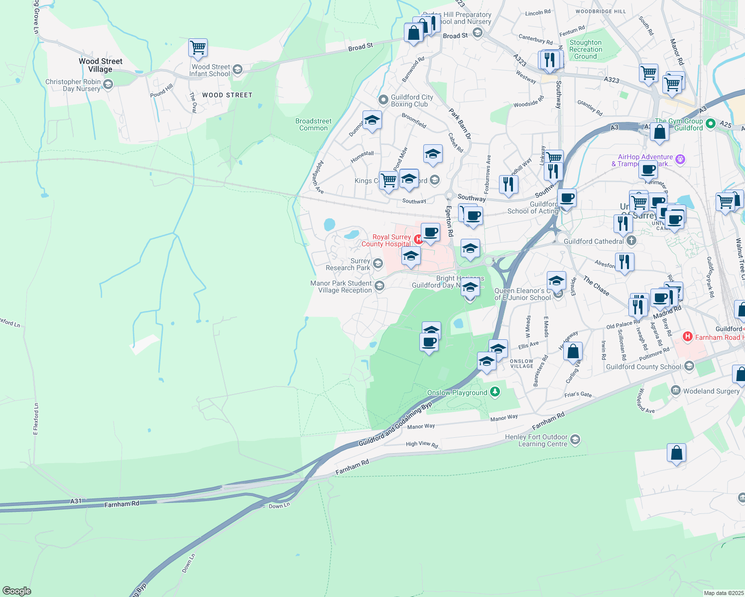 map of restaurants, bars, coffee shops, grocery stores, and more near in Guildford