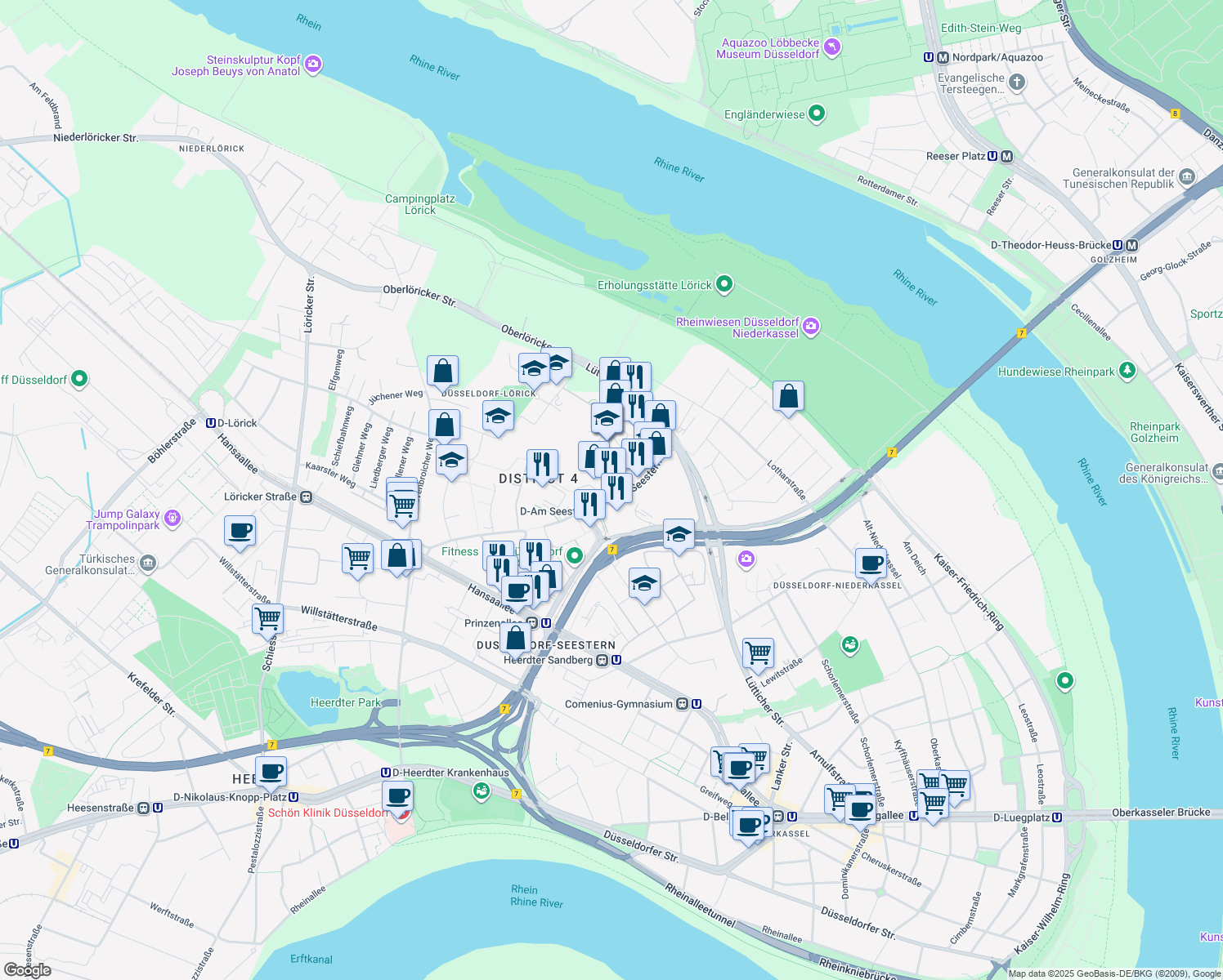map of restaurants, bars, coffee shops, grocery stores, and more near 16 Am Seestern in Dusseldorf