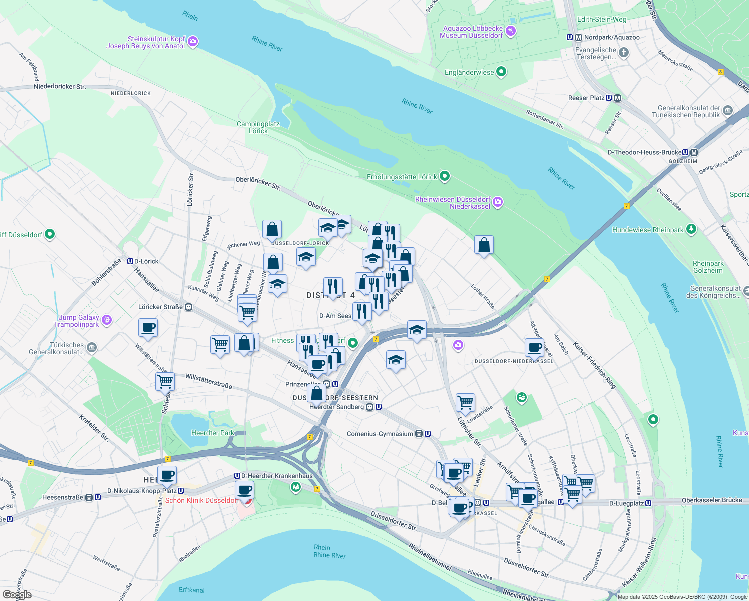 map of restaurants, bars, coffee shops, grocery stores, and more near 16 Am Seestern in Düsseldorf