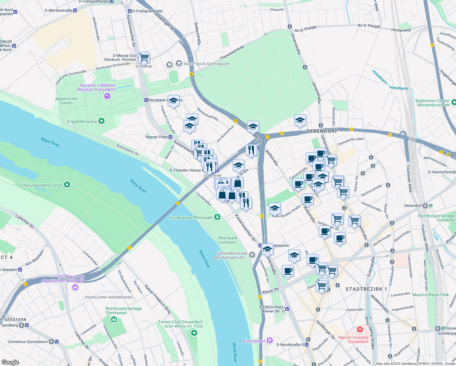 map of restaurants, bars, coffee shops, grocery stores, and more near 3 Georg-Glock-Straße in Düsseldorf