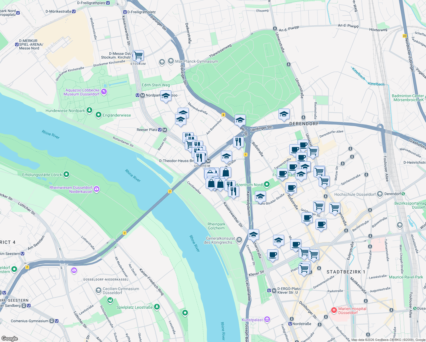 map of restaurants, bars, coffee shops, grocery stores, and more near 3 Georg-Glock-Straße in Düsseldorf