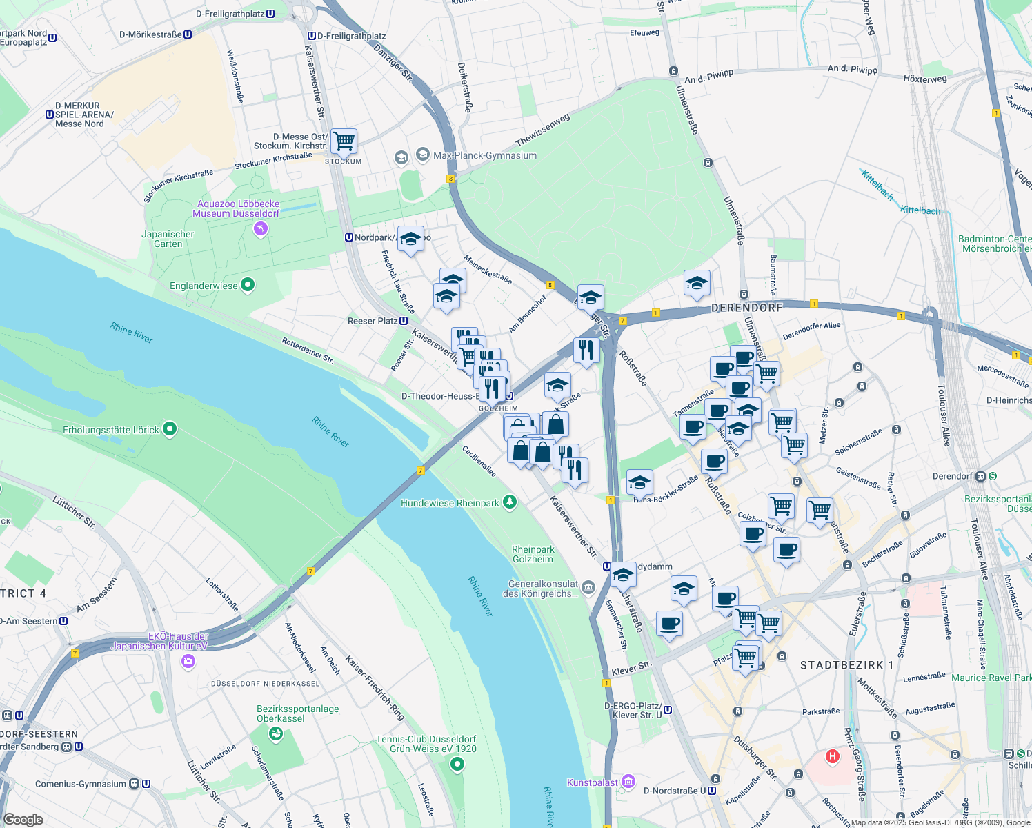 map of restaurants, bars, coffee shops, grocery stores, and more near 3 Georg-Glock-Straße in Düsseldorf