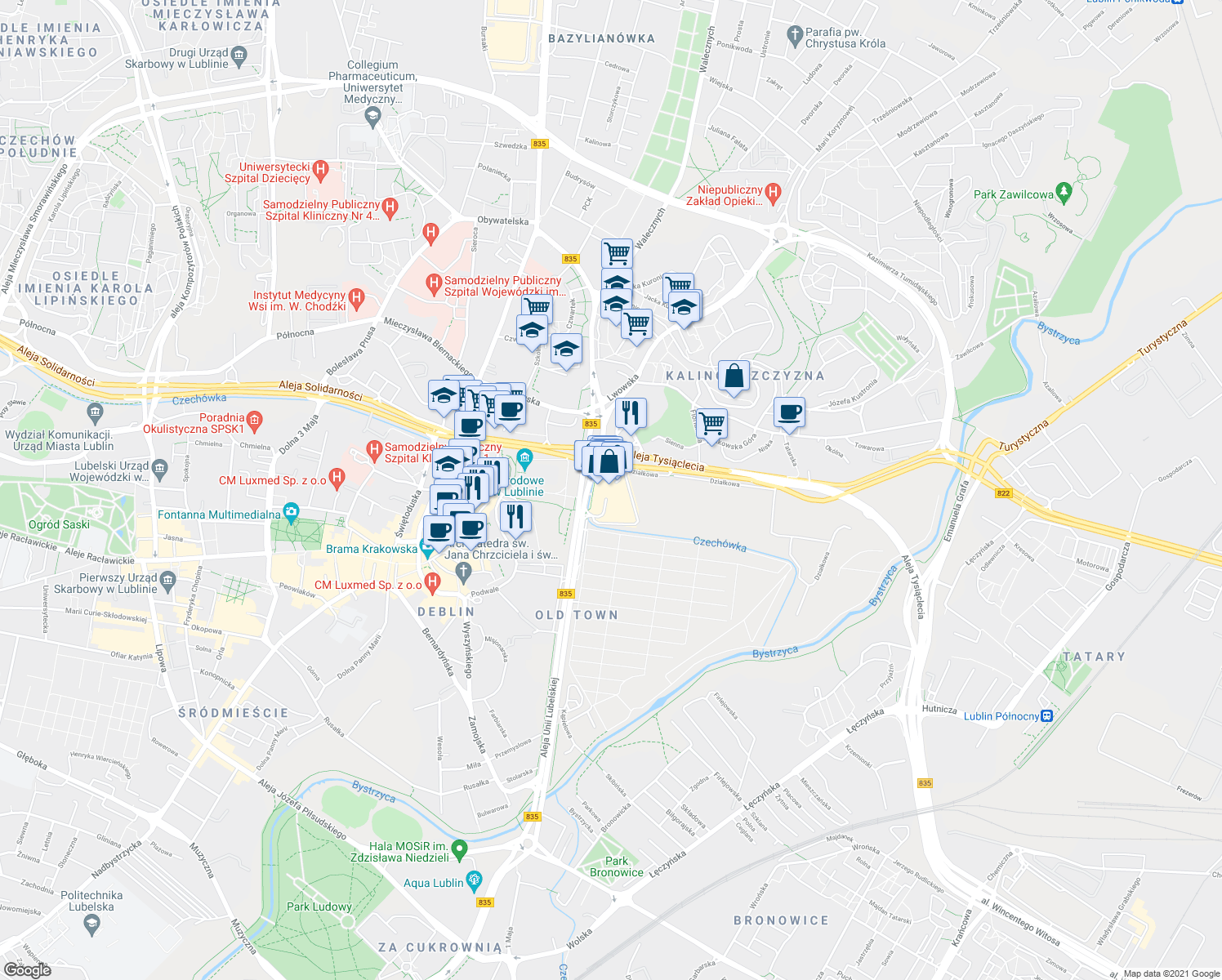 map of restaurants, bars, coffee shops, grocery stores, and more near 2 Aleja Unii Lubelskiej in Lublin