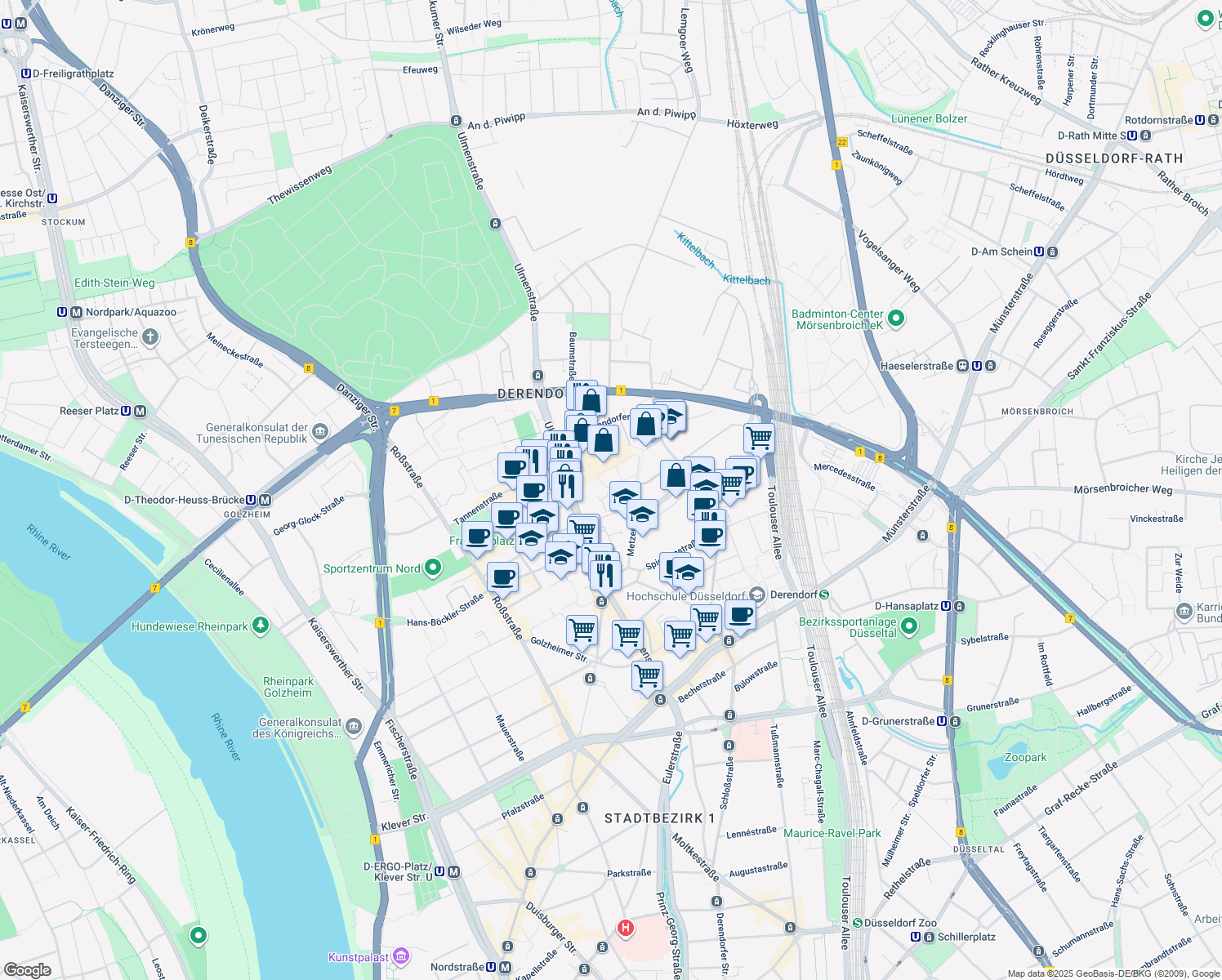 map of restaurants, bars, coffee shops, grocery stores, and more near in Düsseldorf