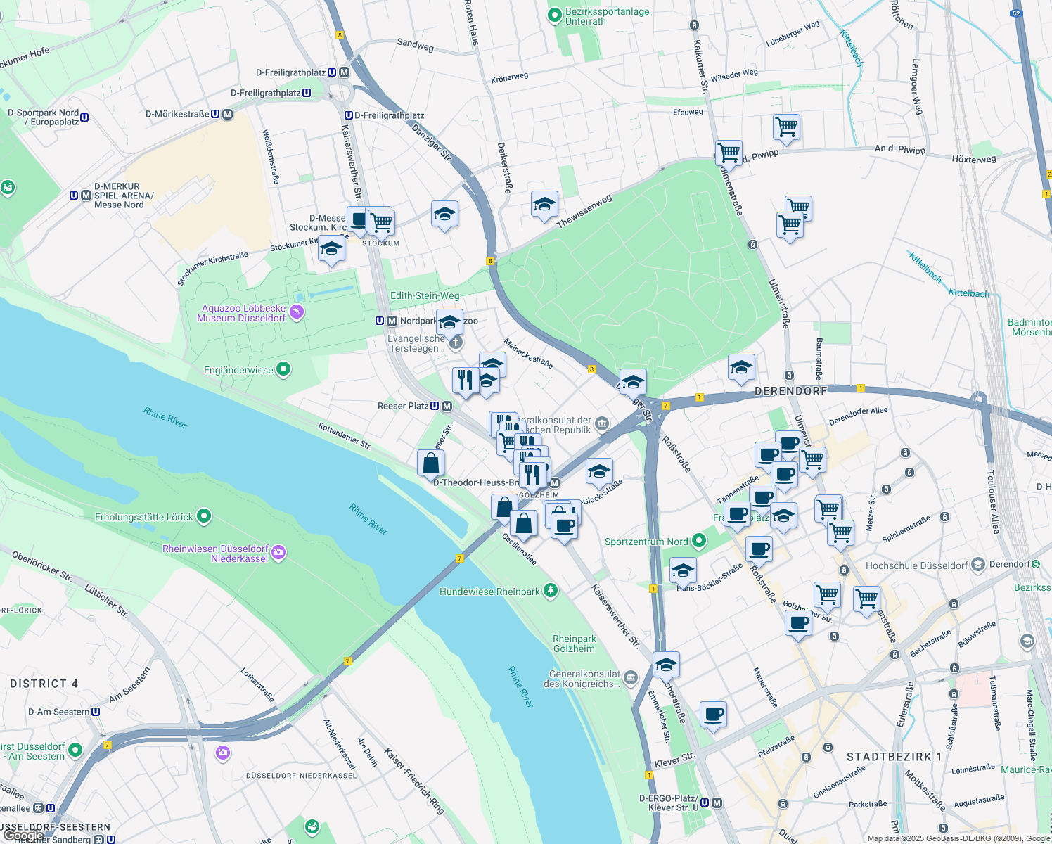 map of restaurants, bars, coffee shops, grocery stores, and more near 28 Tersteegenstraße in Dusseldorf