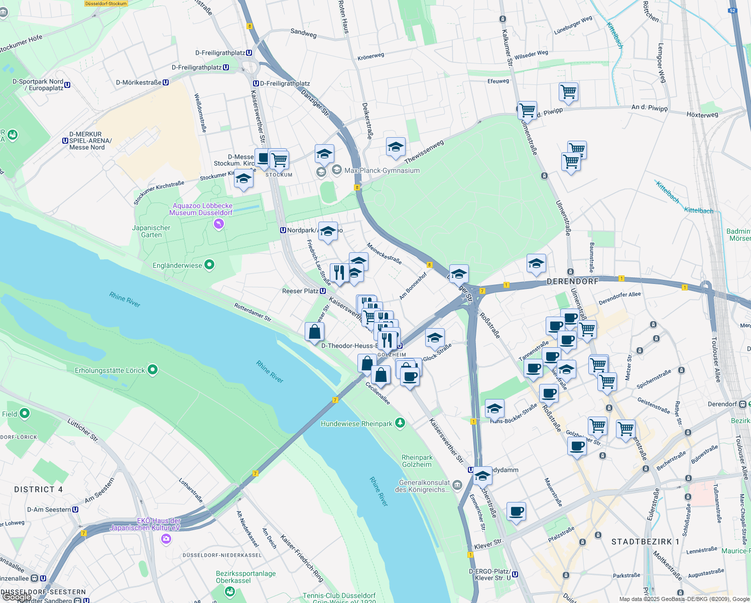 map of restaurants, bars, coffee shops, grocery stores, and more near 28 Tersteegenstraße in Düsseldorf