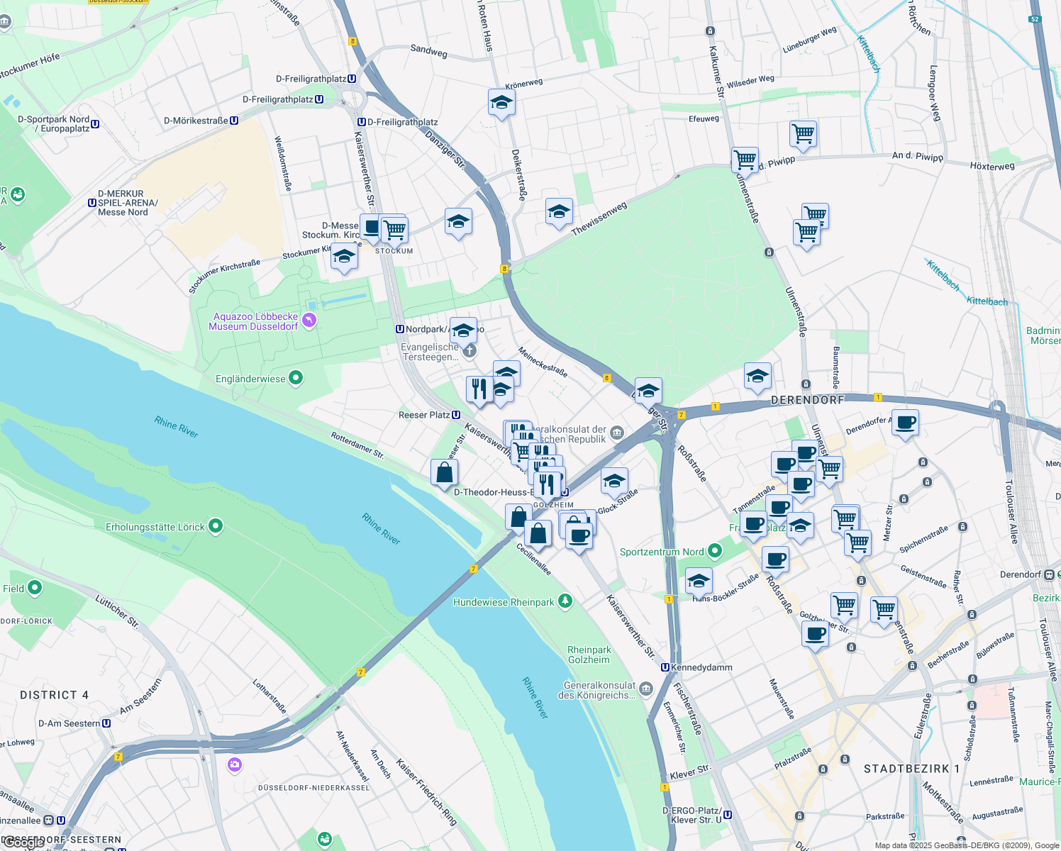 map of restaurants, bars, coffee shops, grocery stores, and more near 28 Tersteegenstraße in Düsseldorf