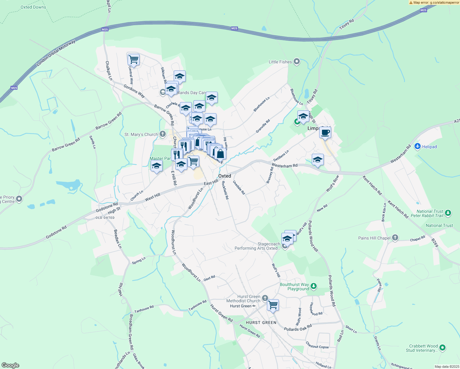 map of restaurants, bars, coffee shops, grocery stores, and more near in Oxted