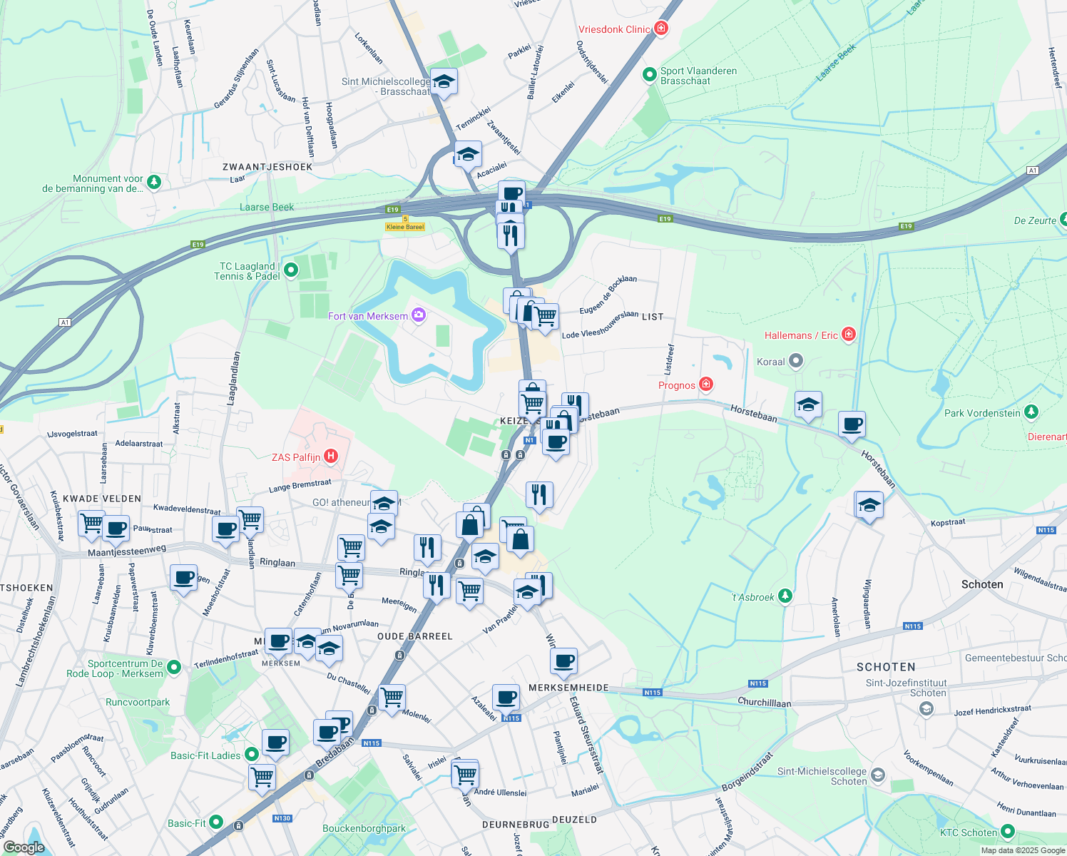 map of restaurants, bars, coffee shops, grocery stores, and more near 967 Bredabaan in Schoten