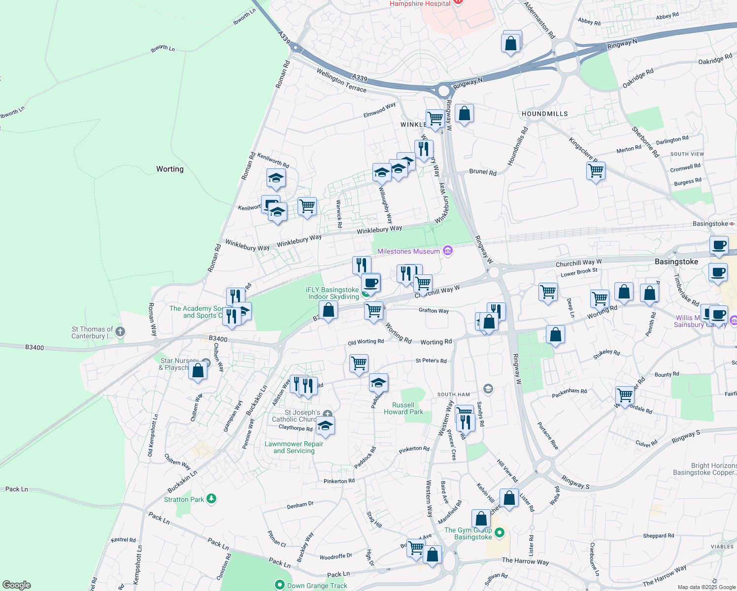 map of restaurants, bars, coffee shops, grocery stores, and more near Euskirchen Way in Hampshire
