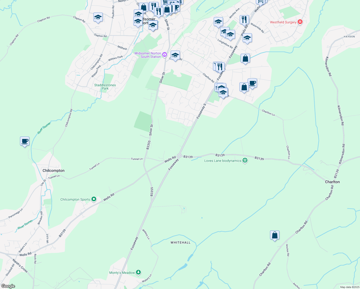 map of restaurants, bars, coffee shops, grocery stores, and more near White Post in Stratton-on-the-Fosse