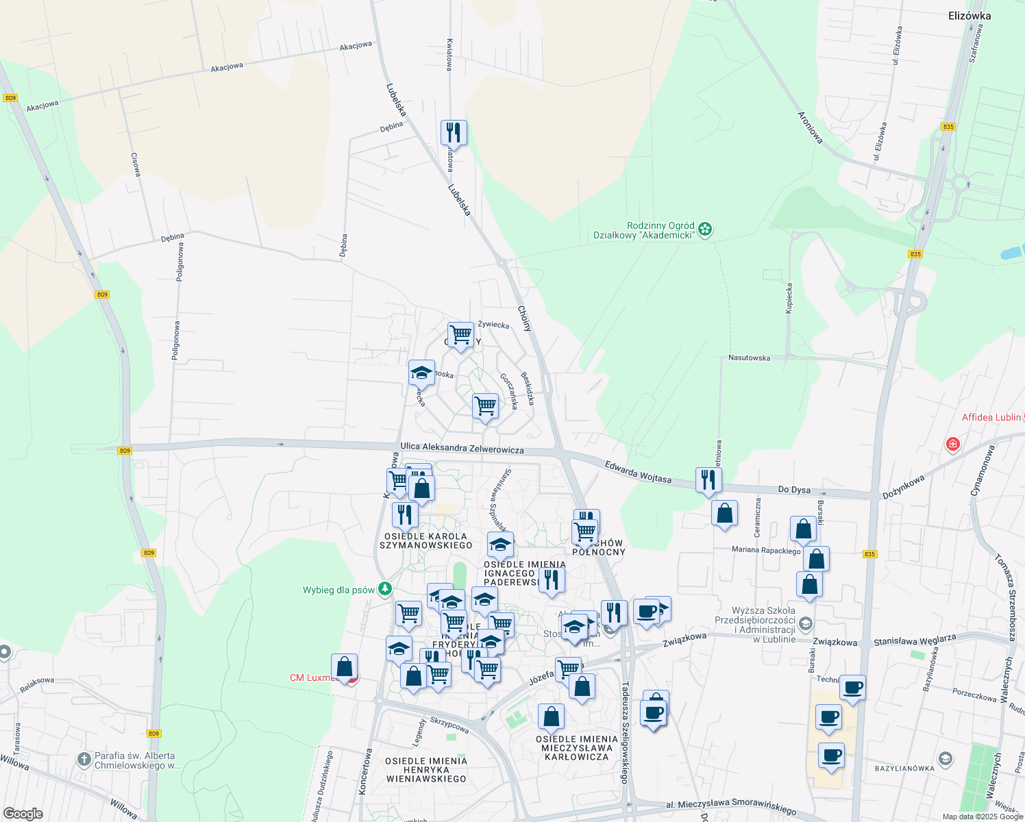 map of restaurants, bars, coffee shops, grocery stores, and more near in Lublin