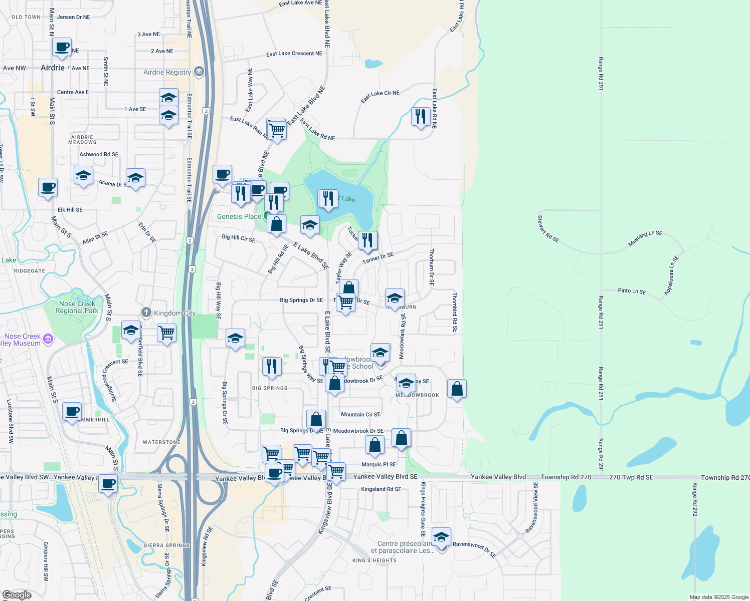 map of restaurants, bars, coffee shops, grocery stores, and more near 1236 Thorburn Drive Southeast in Airdrie