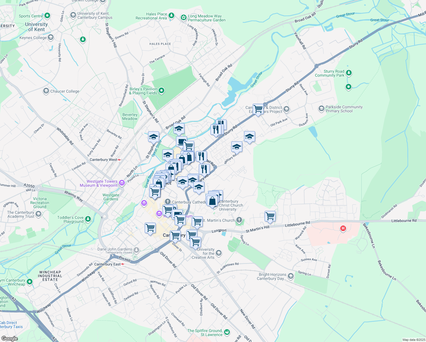 map of restaurants, bars, coffee shops, grocery stores, and more near Military Road in Kent